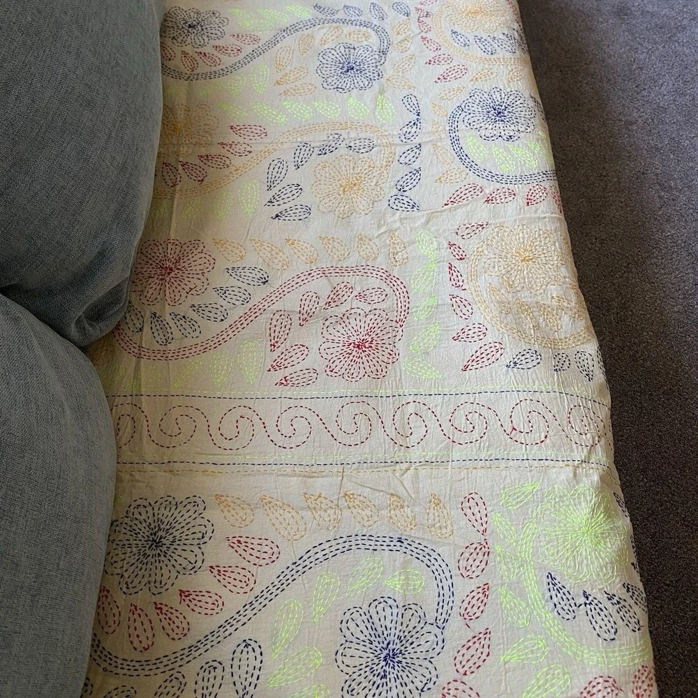 Vintage Handmade Kantha Embroidered Coverlet 80x92 Multicolor Floral Boho